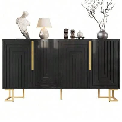 The Black Sideboard (152 X 40 X 75 Cm) Features A Unique Geometric Design And Gold Handles And Legs For A Touch Of Elegance.