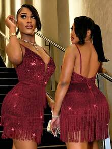 CHOSMO Glamorous Women's Short Sequin Tassel Cocktail Dress, Spaghetti Strap Backless Design Wedding Party - Burgundy - View 3