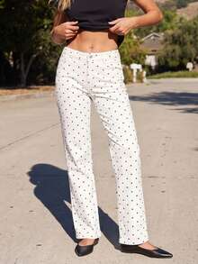 Women's Slim Fit Denim Pants Mid Rise Tapered Leg Stretch Jeans With Black Spotted Pattern - Putih - View 3