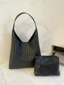 1pc Solid Color PU Fabric Woven Embossed Pattern Simple Casual Women Shoulder Bag, Suitable For Commuting And Shopping - A - View 12