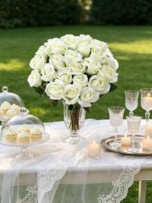 3PCS Artificial Rose Bouquet For Spring And Autumn Weddings Valentine's Day/Mother's Day/Father's Day/Holiday Birthdays/Party Accessories/Weddings/Room/Home/Kitchen/Bedroom/Living Room/Dining Table Decoration/Bridal Bouquet/Outdoor Garden Decoration - White - View 1