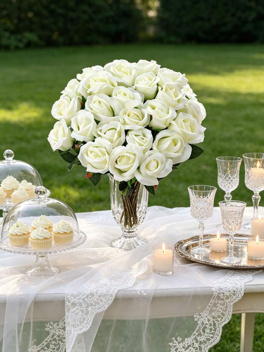3PCS Artificial Rose Bouquet For Spring And Autumn Weddings Valentine's Day/Mother's Day/Father's Day/Holiday Birthdays/Party Accessories/Weddings/Room/Home/Kitchen/Bedroom/Living Room/Dining Table Decoration/Bridal Bouquet/Outdoor Garden Decoration - White - View 1