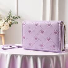 Women's Wallet With Microfiber, Embroidered Heart Coin Purse, 70% Off Card Holder, PU Leather Multi-Card Slot Card Holder - Pink - View 5