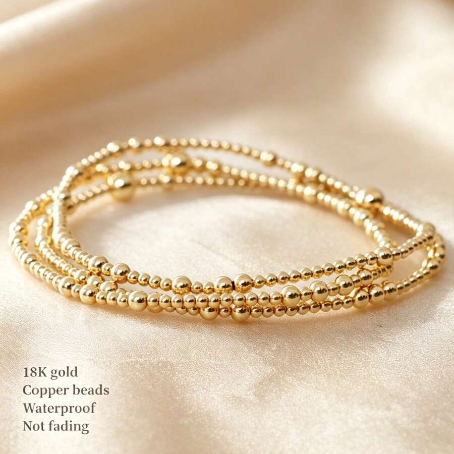 Bộ 3/6 chiếc vòng tay hạt đồng phong cách Boho tối giản, thiết kế chấm bi, vòng tay co giãn mạ vàng 18K, vòng tay mùa hè dành cho nữ, quà tặng cho bạn bè. - Bộ vòng tay 3 món - Xem 1