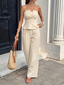 2pcs Set: Tie-Waist Ruffle Trim Top + Wide Leg Pants, Elegant Office Wear, Casual Commute, Vintage Style, Sophisticated Social Influencer Look Summer - Apricot - View 5