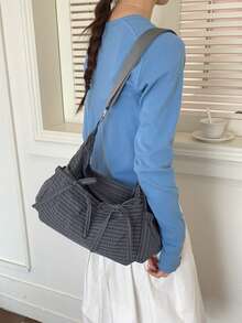 Nueva bolsa de hombro/bandolera con lazo a cuadros, plisada y con cordón para mujer - Gris - Ver 2