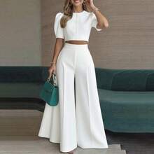 Marineblaues Puffärmel Crop Top & High Waist Weite Hose Set, elegantes 2-teiliges Outfit für Business & Alltag, atmungsaktiv - Dunkelblau - Übersicht 7