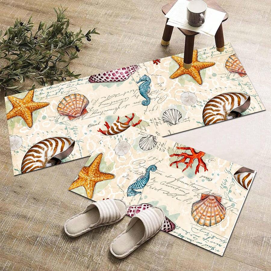 1pc Colorful Shell Pattern Printed Rug Series, Long Doormat, Indoor Entrance Mat, Bedroom Bedside Mat, Kitchen Mat, Suitable For Living Room, Laundry Room, Bathroom - Multicolor - View 1