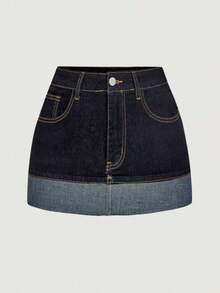 Minifalda de mezclilla casual de mujer con bloqueo de color lavado y parches - Azul lavado oscuro 2 - Ver 1