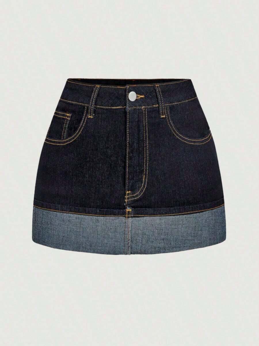 Minifalda de mezclilla casual de mujer con bloqueo de color lavado y parches - Azul lavado oscuro 2 - Ver 1