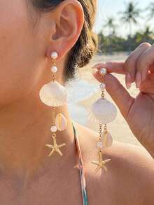 1 par de pendientes elegantes con forma de estrella de mar y borlas de perlas falsas, opción de regalo versátil para mujeres - Dorado - Ver 2