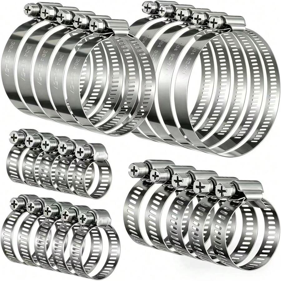 20Pcs 304 Stainless Steel Adjustable Hose Clamp Set, Gear Worm Drive Pipe Clips, 10-76mm Multi Size Hose Clamps Fastener For Car Fuel Line Water Pipe Automotive Plumbing Repair - Multicolor - View 1