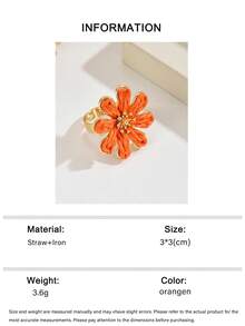 1pc Handmade Raffia Woven Floral Open Ring, Fresh Macaron Multi-Color 3D Petal Adjustable Ring, Summer Vibe Girl Accessory Suitable For Beach, Vacation, Daily Wear, Soft Sweet Style For Photo Shooting, Unisex Gift - Orange - View 7