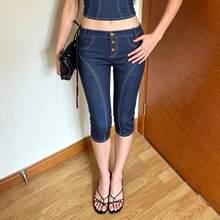 Dark Blue Denim Look Contrast Stitch V Neck Spaghetti Strap Crop Cami Top & Low Waist Button Detail Skinny Capri Pants Two Piece Set, 2026 April Hot  Y2K Baddie Streetwear, Spring Summer New Arrival - Bộ - Xem 4