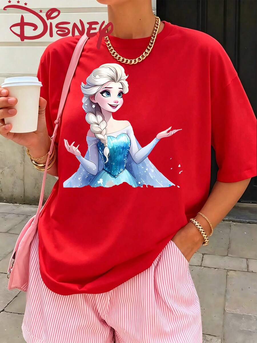 Disney Frozen Elsa Queen Print T-Shirt, Fashionable Short Sleeved T-Shirt, Comfortable Fabric, Suitable For Summer Beach And Outdoor Travel Activities - Red - View 1