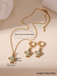 GEREIT 3pcs 18K Gold Plated Stainless Steel Drip Oil Sea Turtle Earrings & Necklace Set, Suitable For Beach Vacation Wear - Multicolor - View 2