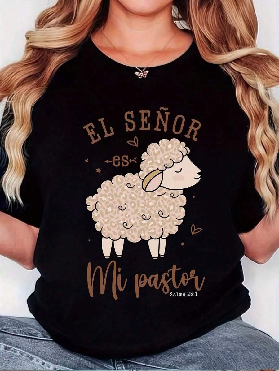 Women's Cotton T-Shirt With The Christian Phrase "The Lord Is My Shepherd" And Sheep Design - Soft And Breathable Short-Sleeved T-Shirt Printed With The Verse From Psalm 2:1, Suitable As A Religious Clothing Gift For Church, Study, And Everyday Wear. Unisex Loose-Fitting Cotton Short-Sleeved Crew Neck T-Shirt With A Vintage Urban Style - 黑色 - 查看 1