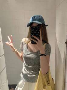复古波点短袖T恤，修身露脐上衣，女士设计，领口修身，夏季款 - 灰色 - 查看 8