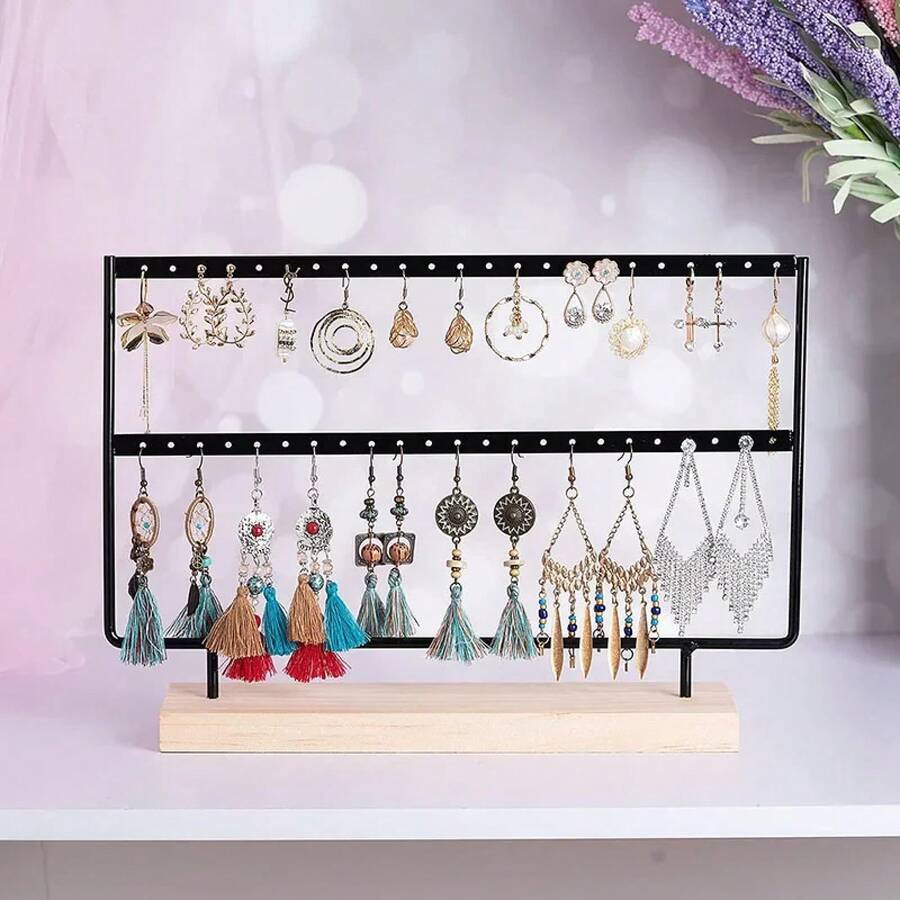 Soporte de exhibición de pendientes de 2 niveles y orificios, organizador de almacenamiento de joyas de metal de 2 capas con base de madera en de árbol, estante para pendientes, regalo para mujeres. - Rosa, 46 agujeros - Ver 1
