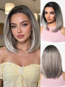 Tóc giả Bob thẳng 12 inch ren trước ombre từ gốc tối sang bạc tro, đường chân tóc được nhổ sẵn với tóc con, tóc sợi tổng hợp chịu nhiệt, mũ thoáng khí chống rối cho đi làm hàng ngày, hẹn hò, tiệc tùng, cosplay, phụ kiện thời trang tóc nữ bán chạy nhất - Màu xám ombre - Xem 3