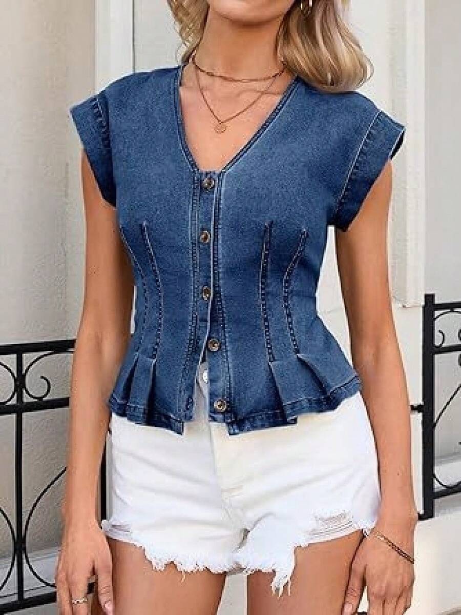 3 Colors V-Neck Peplum Denim Top, Sleeveless Button Down Corset Waist Blouse, Slim Fit Casual Summer Shirt For Women - 深藍色 - 查看 1