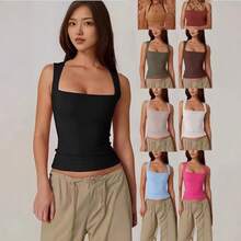Summer New Women's Square Neck Sleeveless Double Layer Tank Top Basic Slim Fit T-Shirt In Black - White - View 2