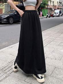 Rok Panjang Kasual Wanita Warna Polos, Pinggang Tinggi, Tali Serut Longgar, Warna Hitam, Musim Semi/Panas - Hitam - View 4