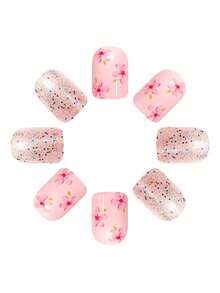 24pcs Short European Square False Nails, Pink Flower Glitter Pure Sweet Ins Short Glossy False Nails, Wearable Nails, Detachable Full Coverage Nails, Suitable For Parties, Dances, And Daily Wear - Pink - View 3