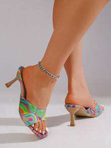 1 Pair Women's Random Print Open Toe Square Toe Mule Heels, Multicolor Patent Leather Slip-On Summer Elegant Comfort Kitten Heel Slides For Party And Daily Wear - Multicolor - View 5