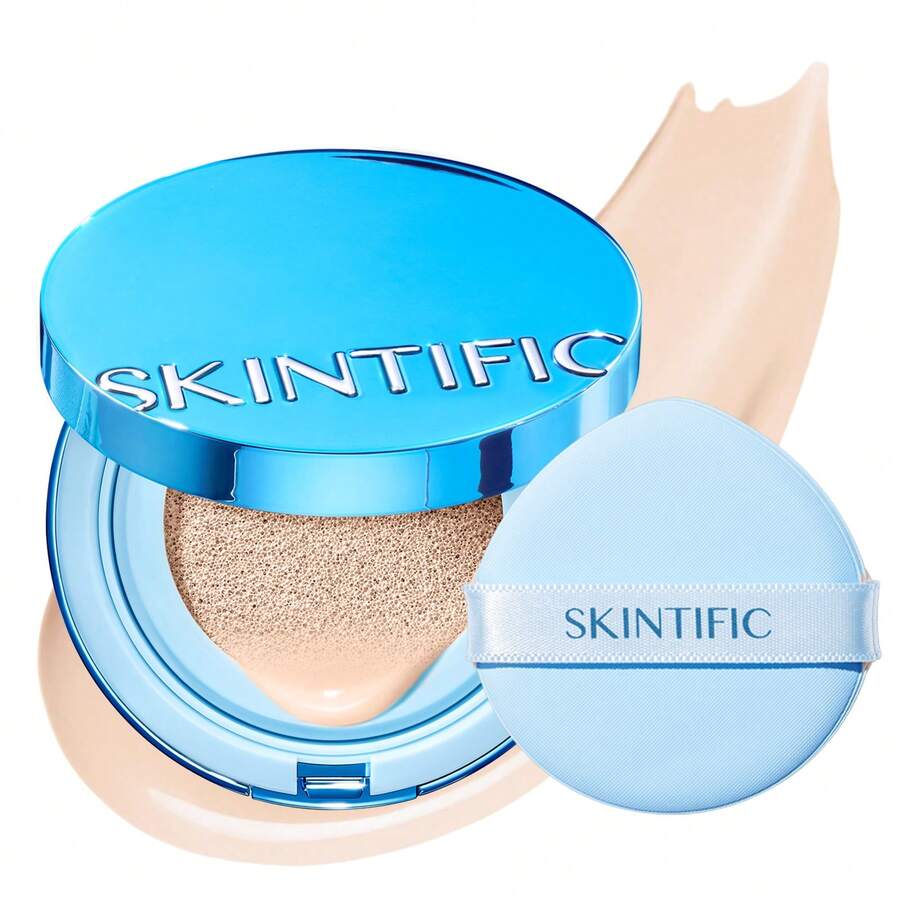 SKINTIFIC 絲絨霧面氣墊粉底液 藍色，全遮瑕，12小時控油，適合油性與混合性肌膚，防水，長效持妝，輕盈，保濕，不沾染 | 00N 自然瓷白色