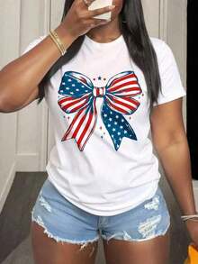 American Flag Bow T-Shirt, Flirty Style, For The 4th Of July, Cute Retro Women's T-Shirt, Patriotic T-Shirts With The American Flag For Women. - 白色 - 查看 9
