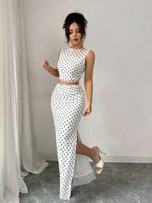 2 piezas Conjunto de top corto sin mangas y falda con estampado de lunares elegante de malla para mujer - Blanco - Ver 6