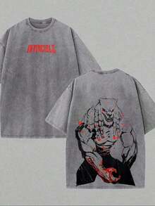 2026 Men's Washed Streetwear Brand Has Launched An Oversized T-Shirt Featuring Invincible Comic Character Designs And Text. This Casual Outfit Is An I - 灰色 - 查看 9
