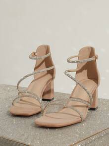 Sandalias elegantes y glamorosas con tacón grueso de punta cuadrada y decoradas con rhinestones, adecuadas para banquetes y fiestas, de moda y versátiles - Albaricoque - Ver 6