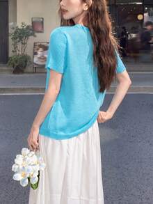 Women's Casual Minimalist Refreshing Versatile Short Sleeve Knit Top, Summer - Sky Blue - View 2