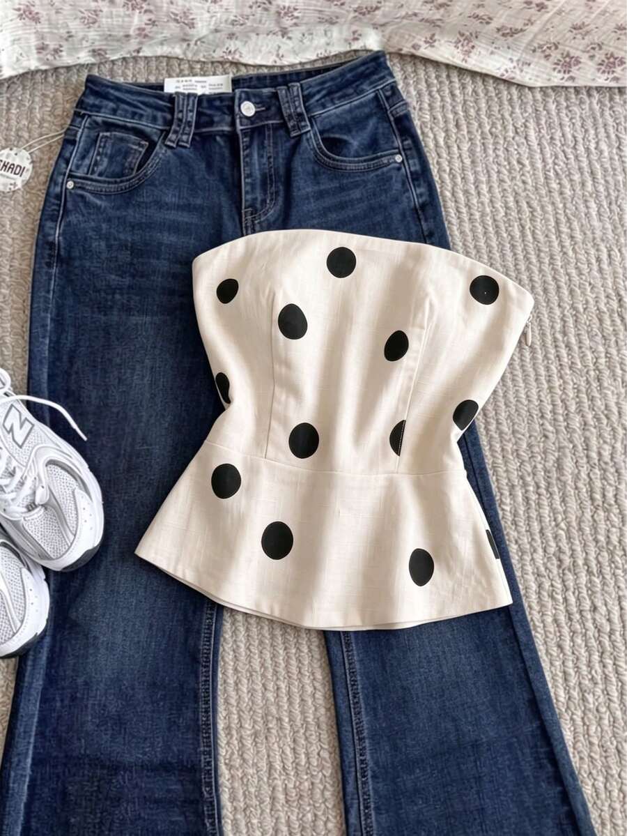 Áo tank top ôm dáng chấm bi phong cách đường phố retro dành cho nữ - Màu be - Xem 1