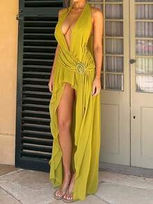 Women's Elegant Yellow Spaghetti Strap Deep V-Neck High-Low Hem Formal Evening Dress, Waist Tie Design Suitable For Parties And Weddings - Green - View 8