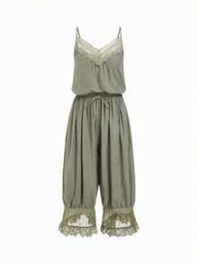 Sleeveless Jumpsuit For Women V Neck Adjustable Spaghetti Strap Lace Patchwork Romper With Wide Leg - Army Green - View 5