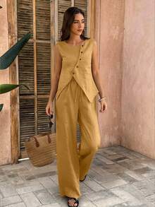 Women's Retro Sleeveless Asymmetric Button Blouse And Wide Leg Pants 2 Pieces Set, Elegant Linen Summer Casual Outfit - Ginger - View 2