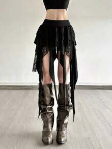 Women's Colorblock Lace Patchwork Asymmetric Hem Skirt, Suitable For Carnival, Concerts, Beach, Vacation - 黑色 - 查看 11