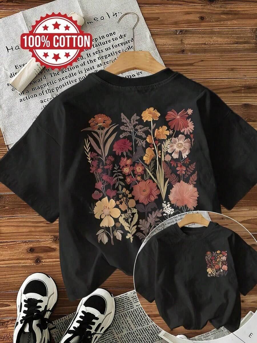 Camiseta casual de manga corta con estampado floral [Impresión a doble cara] 100% algodón - Negro - Ver 1