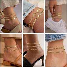 Waterproof Ankle Bracelets For Women, 14k Gold Plated Hypoallergenic Layered Stackable Herringbone Cuban Link Chain, Adjustable Beach Anklets Bracelets For Women Gift 3pc Sets - 3pc Gold03 - View 7