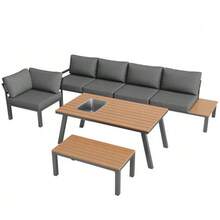 Garden Lounge Set For 6-7 People, Suitable For Garden, Balcony, Terrace, Weatherproof Seating Set, Dining Set, Modern Garden Furniture Set, Galvanized Iron Frame, Tabletop With Ice Bucket. - Grey - View 11