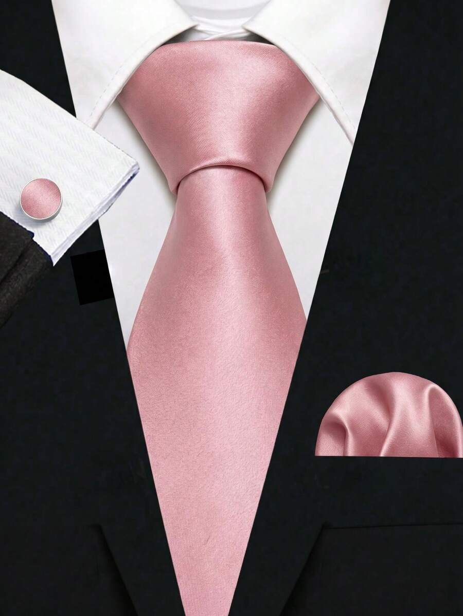 Men's Solid Color Necktie Set, Includes 8cm Necktie, Pocket Square, Cufflinks, Suitable For Business, Formal Occasions, Weddings And Parties - Dusty Pink - View 1