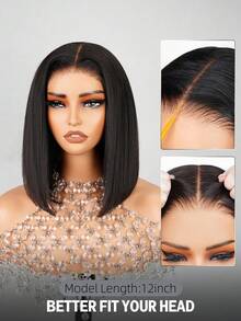 MEGALOOK Glueless Straight Wave Bob Wigs 100% Human Hair 6x6 T-Part Lace Glueless Wig Pre Cut Transparent Lace Closure Wig Pre Plucked Natural Hairline Pre-Bleached Knots Short Bob Human Hair Natural Black Color Beginner Friendly Natural Looking Daily Use Office Ready Halloween Vibes Party Style Vacation Outfits Outdoor Cosplay Campus School Holiday Christmas Part Wedding Festival Ready For Women - Natural Black - 查看 4
