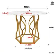 Dining Table Set (5 Pieces), Dining Table Set With 4 Chairs, Kitchen Table Set, 100cm Diameter Round Dining Table With Gold Metal Legs, White MDF Tabletop, Dark Green Velvet Dining Chairs - Multicolor - View 4