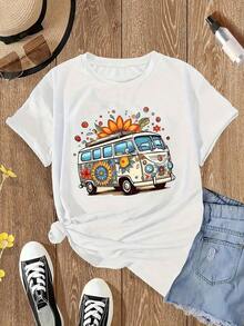 Nueva Camiseta Casual de Verano para Mujer, de Color Sólido, Cuello Redondo, Manga Corta, Estampado de Autobús, Estilo Casual Holgado, Blanca, Estilo Urbano Vintage de Verano, Unisex, de Algodón, Manga Corta, Cuello Redondo. - Blanco - Ver 6