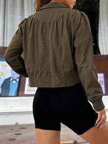 Chaqueta Casual Bomber con Cuello de Béisbol, Diseño Corto y Mangas Largas, Perfecta para Look de Verano y Eventos Nocturnos - Marrón - Ver 2