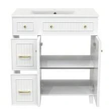 Bathroom Cabinet With Sink 81.7cm - Standing Bathroom Cabinet With Ceramic Washbasin, Lacquered Surface, Multifunctional Storage Space & Solid Wood Feet In A Modern Luxury Design - White - 白色 - 查看 9