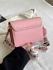 Fashionable Women's Handbag, Versatile New Crossbody Bag, Casual Colorblock Design, Small Square Bag, Wide Strap, Suitable For Party, Date, School, Outdoor Activities, Stylish Flap Shoulder Bag, Women's Buckle Decor Crossbody Bag, Wide Strap - Pink - View 9